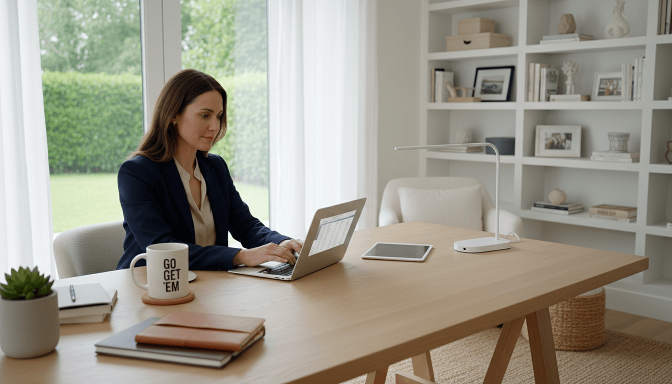 Professional woman working at an organized desk with a laptop in a bright home office
