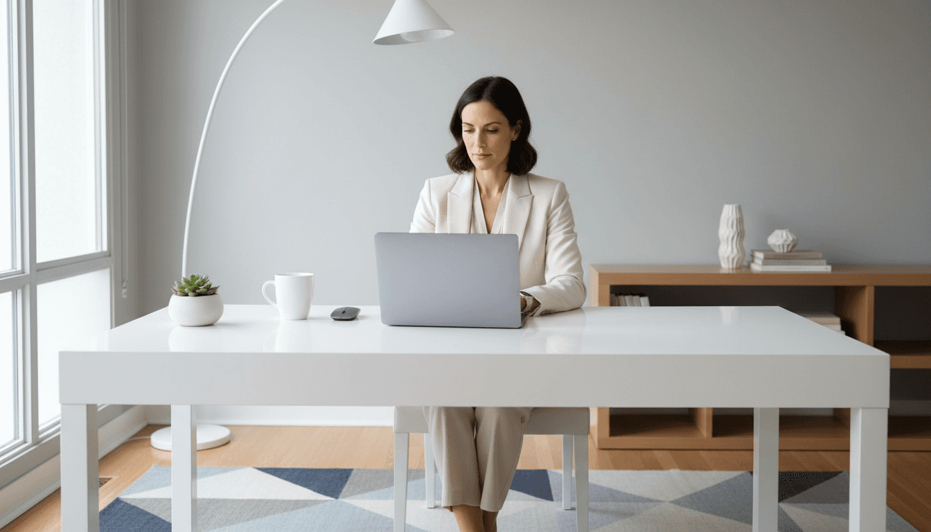 Professional remote assistant working at an organized desk in a bright home office