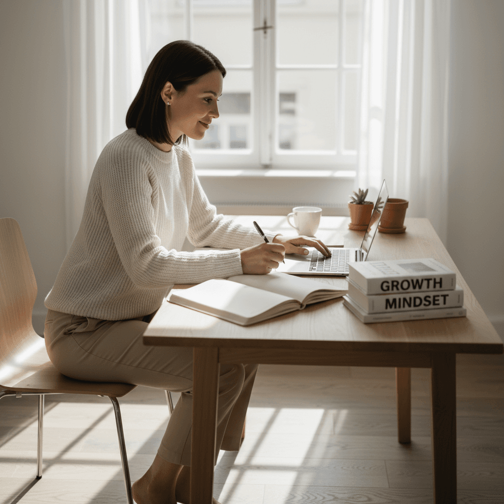 Woman working on a laptop in a bright, plant-filled home office