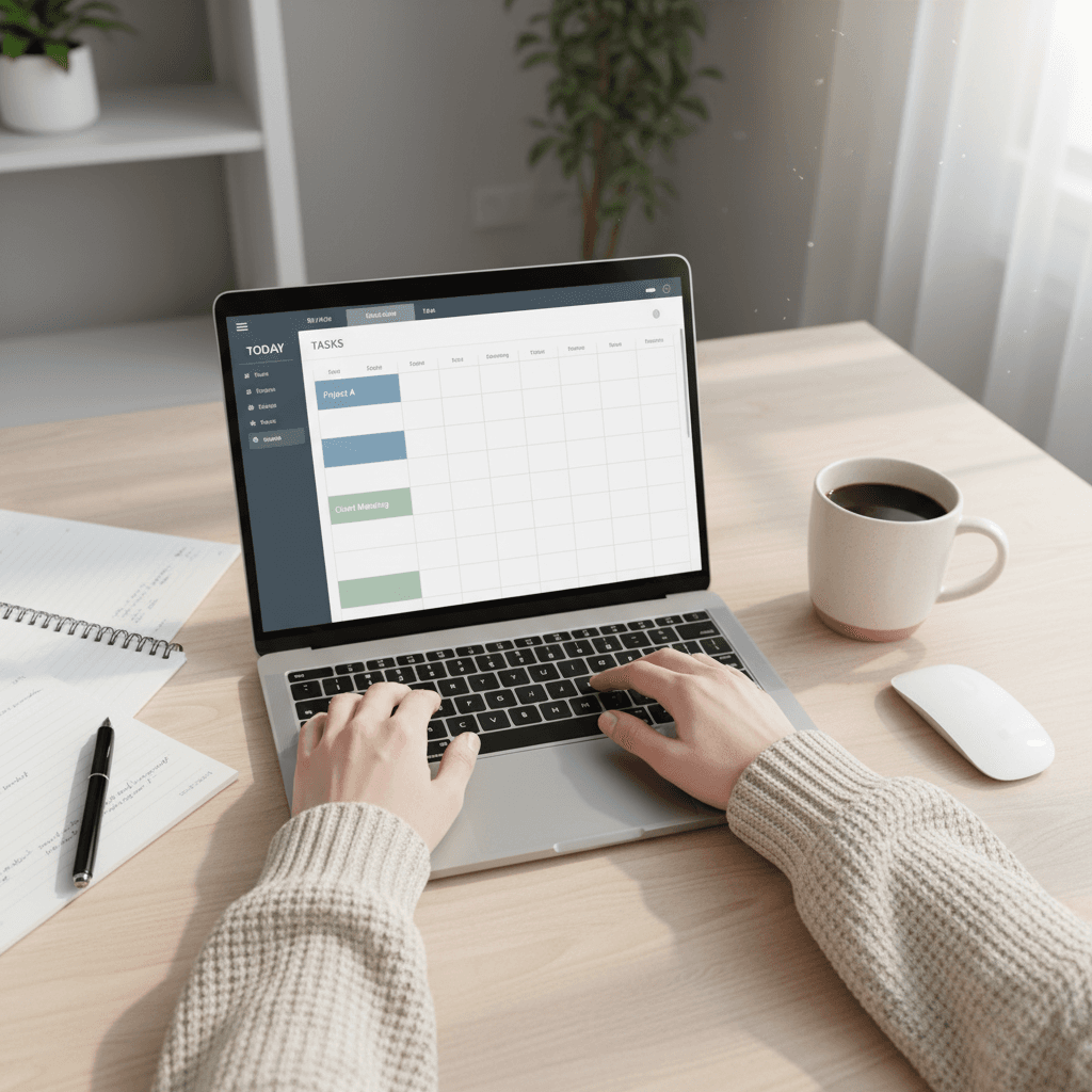 Neatly organized workspace with planner, laptop, and coffee cup in a bright office