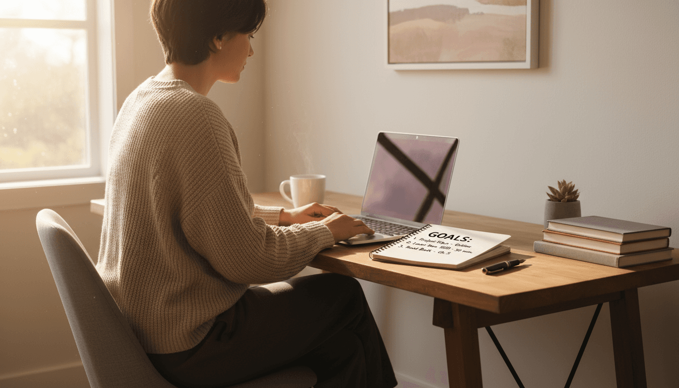 Calm organized desk with laptop and planner in warm natural light