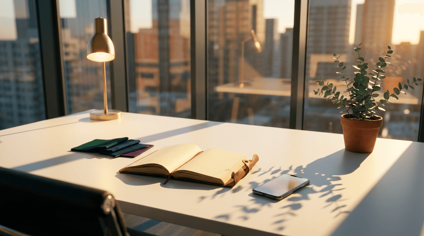 Sunlit desk with open journal, fabric swatches, and city view at golden hour.